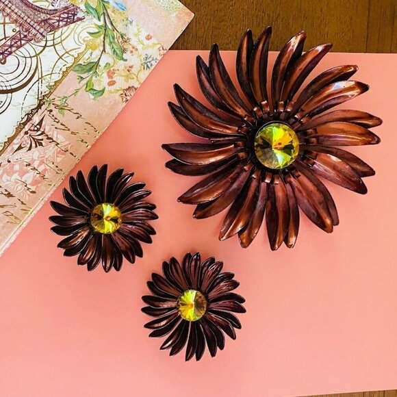 Vintage Jewelry - 1960's Copper Brown Enamel Rivoli Crystal Daisy Brooch and Earrings Set